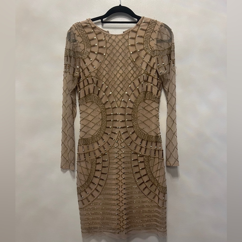 Gianni Bini Beaded Long Sleeve Dress in Tan
